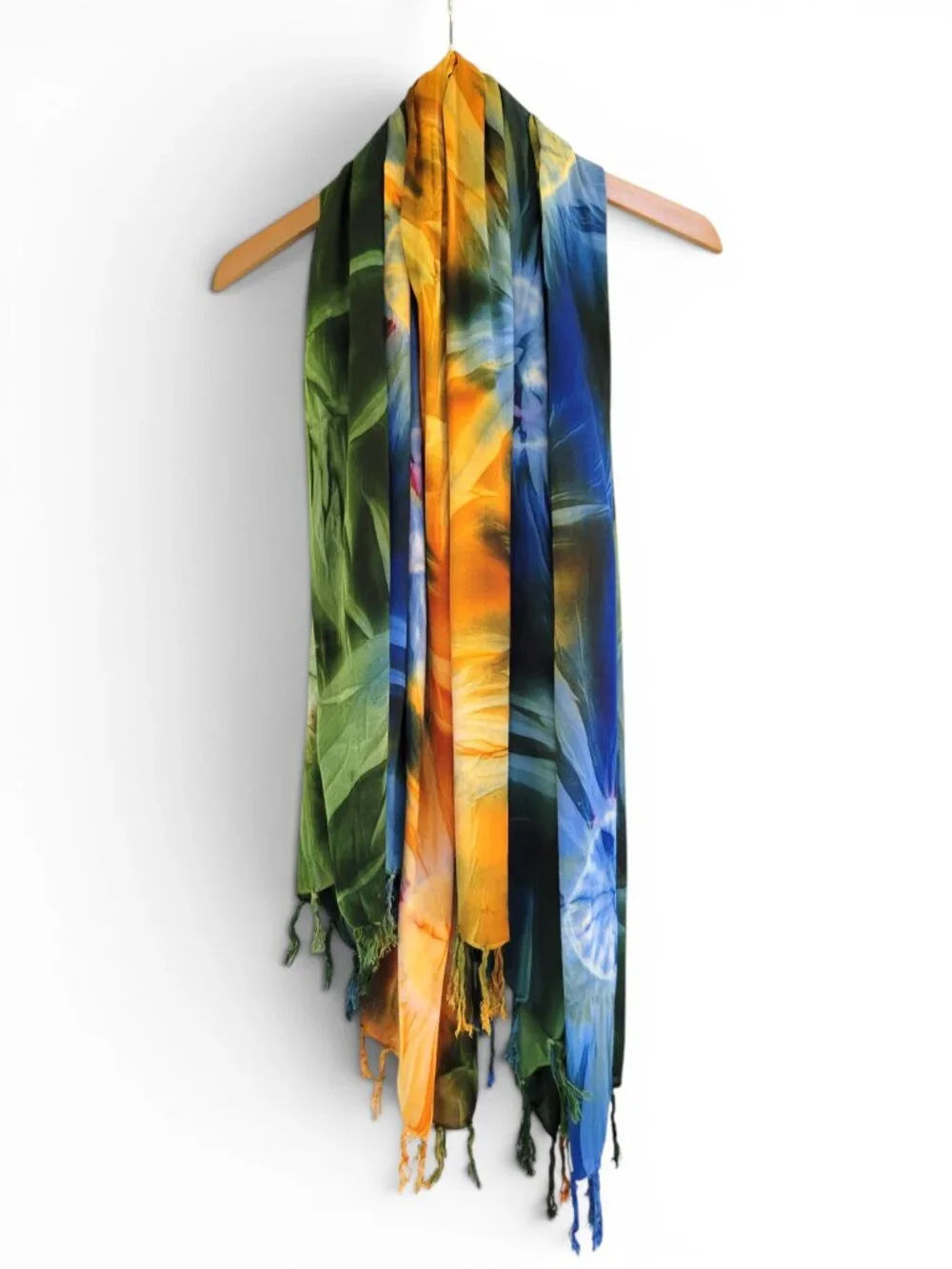 Tie Dyed Fringed Sarong Shawl - Beach Ready in Unique Blue, Green, Gold Pattern